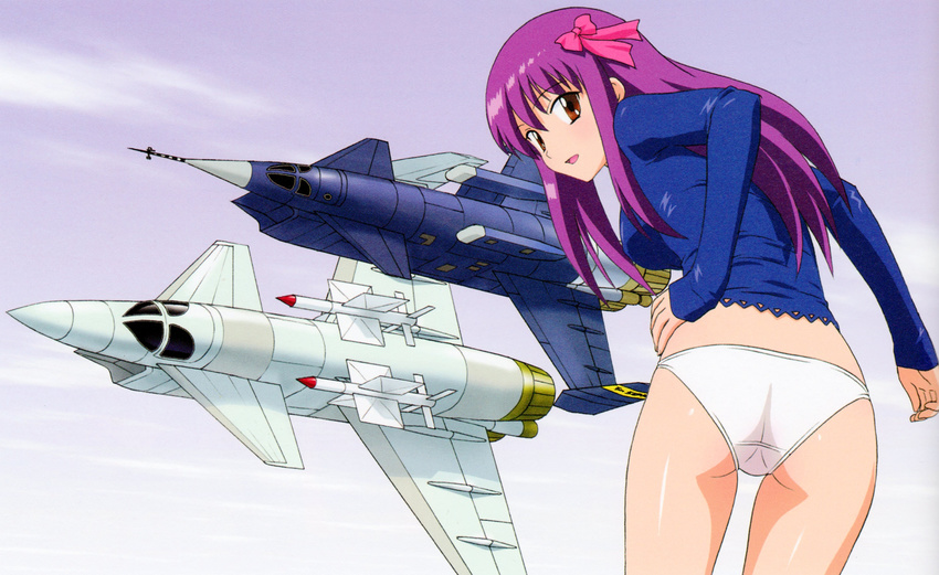 absurdres agent_aika aika_(series) aircraft airplane alternate_hair_color ass blue_jacket brown_eyes cloud female golden_delmo grey_sky hair_ribbon hand_on_own_hip highres jacket long_hair looking_at_viewer looking_back official_art open_mouth outdoors panties pink_ribbon purple_hair ribbon rie_petoriyacowa shiny sky solo standing taut_clothes thighs underwear vehicle_focus white_panties wind yamauchi_noriyasu