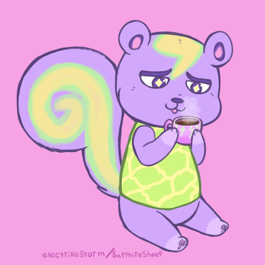 1:1 2018 ambiguous_gender animal_crossing anthro beverage biped bottomless clothed clothing coffee coffee_cup container cup electrikestorm fur hi_res mammal nintendo pupils purple_background purple_body purple_fur rodent sciurid shirt simple_background sitting solo star_pupils static_(animal_crossing) topwear tree_squirrel