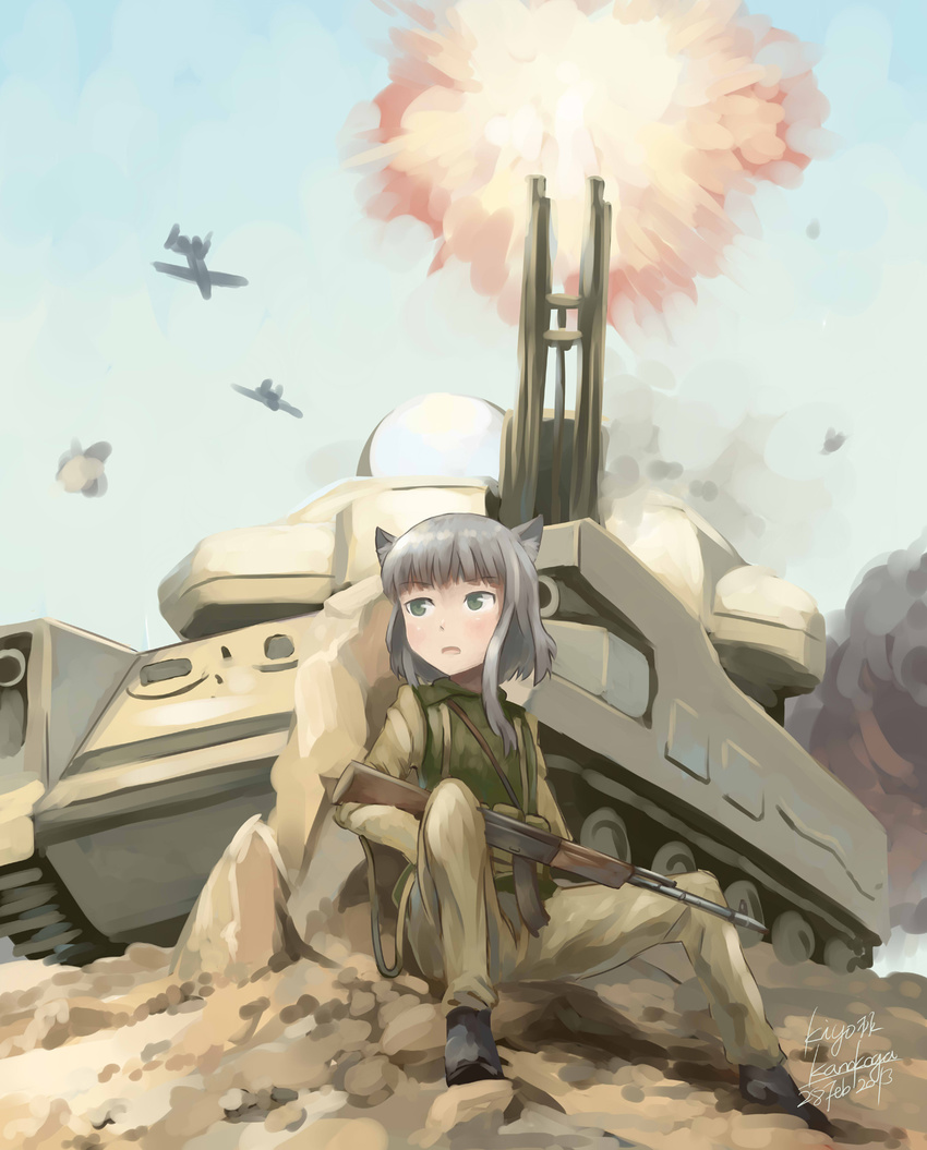 a-10_thunderbolt_ii aircraft airplane ak-74 ak-74_(upotte!!) animal_ears anti-aircraft_gun artist_name assault_rifle battle bomber cat_ears caterpillar_tracks commentary_request dated female firing flak_jacket flying green_eyes gun gun_sling highres jacket kalashnikov_rifle kanokoga military military_uniform military_vehicle motor_vehicle photoshop_(medium) rifle silver_hair smoke tank uniform upotte!! vehicle_focus war weapon zsu-23-4