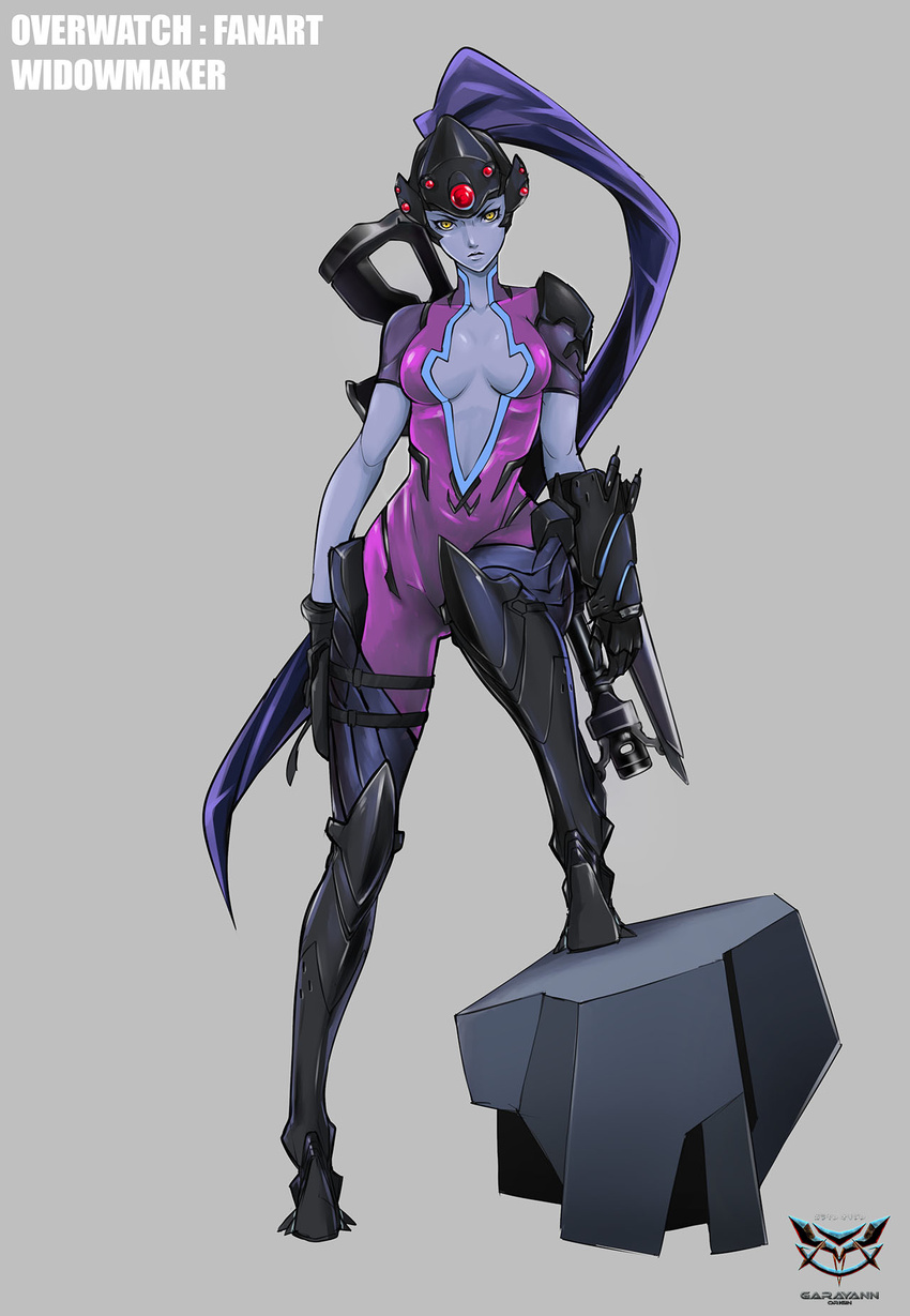 bad_id bad_pixiv_id bodysuit boots breasts center_opening character_name cleavage colored_skin copyright_name female full_body garayann gloves grey_skin gun hair_pulled_back head-mounted_display headgear highres knee_boots leg_up long_hair looking_at_viewer medium_breasts overwatch overwatch_1 photoshop_(medium) pink_bodysuit ponytail purple_hair simple_background solo very_long_hair weapon widowmaker_(overwatch) yellow_eyes