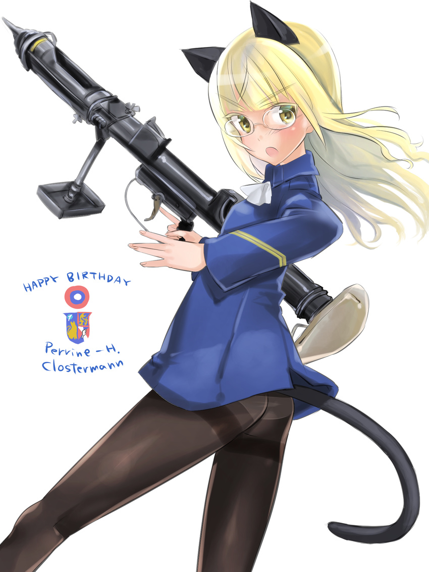 animal_ears aohashi_ame ass black_pantyhose blonde_hair cat_ears cat_girl cat_tail commentary_request crotch_seam female flat_ass glasses gun happy_birthday highres holding long_hair military military_uniform no_pants panties panties_under_pantyhose pantyhose perrine_h._clostermann piat solo strike_witches tail thighband_pantyhose underwear uniform weapon white_panties world_witches_series yellow_eyes