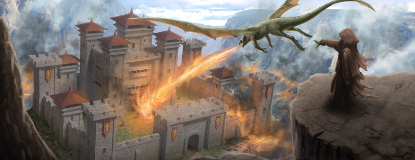 castle cliff cloud commentary_request day dragon fire flag grass highres hood mountain original outdoors photoshop_(medium) robe sam_delatore sky tail wings