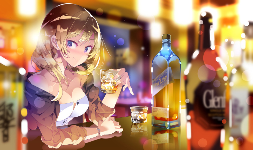 alcohol bar_(place) bare_shoulders blonde_hair blurry blurry_background blurry_foreground blush bottle breasts brown_jacket cleavage closed_mouth collarbone commentary_request cup depth_of_field dress drink female hand_up haruse_hiroki holding holding_cup ice ice_cube indoors jacket long_hair long_sleeves medium_breasts off_shoulder open_clothes open_jacket original purple_eyes reflection sitting smile solo strapless strapless_dress transparent watch white_dress wristwatch