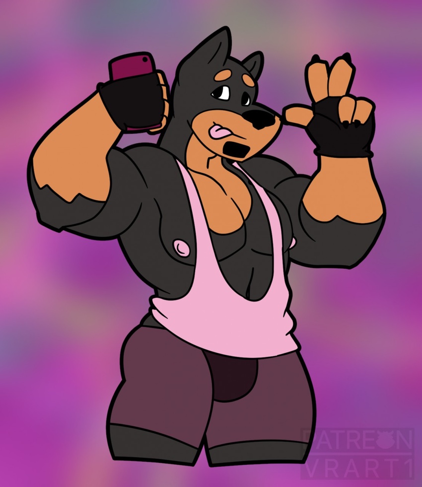 2018 anthro bob_miller_(vrart1) bottomwear canid canine canis claws clothing digital_media_(artwork) dobermann domestic_dog electronics facial_hair fingerless_gloves fur gloves goatee handwear hi_res looking_at_viewer male mammal muscular muscular_anthro muscular_male nipples pecs phone pinscher selfie shirt shorts solo spandex tank_top thick_thighs tight_clothing tongue topwear vrart1