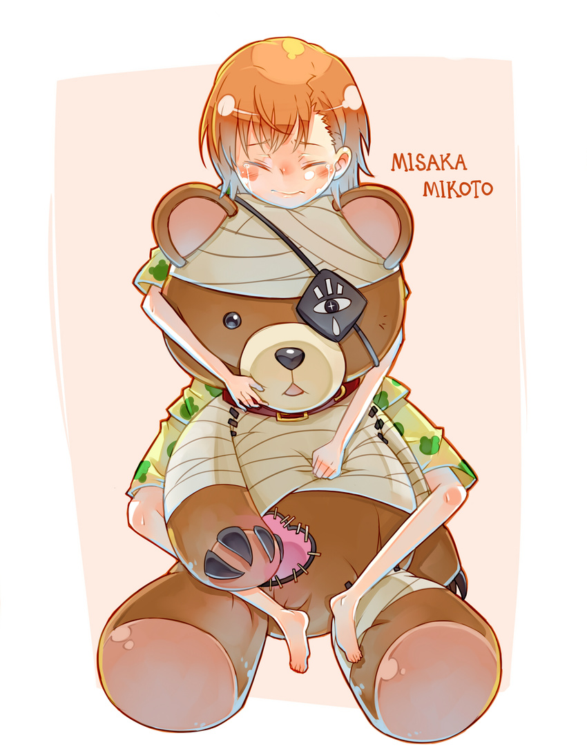 brown_hair commentary_request female highres kill_bear luo. misaka_mikoto solo stuffed_animal stuffed_toy tears teddy_bear toaru_kagaku_no_railgun toaru_majutsu_no_index