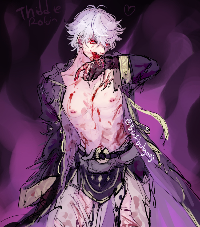 1boy blood blood_on_face commentary_request controller cowboy_shot cuts dark_persona fire_emblem fire_emblem_awakening fire_emblem_heroes glowing glowing_eyes grima_(fire_emblem) heart highres injury male_focus nipple_piercing nipples piercing purple_background robe robin_(fire_emblem) robin_(male)_(fire_emblem) solo tofucakes torn_clothes twitter_username white_hair