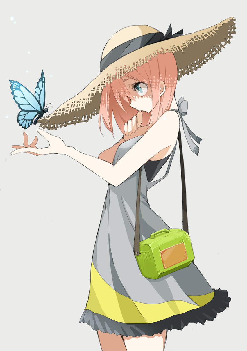 blue_eyes bug butterfly commentary_request dress female hat highres long_hair original photoshop_(medium) pink_hair straw_hat sundress takagi_(tansuke) tansuke