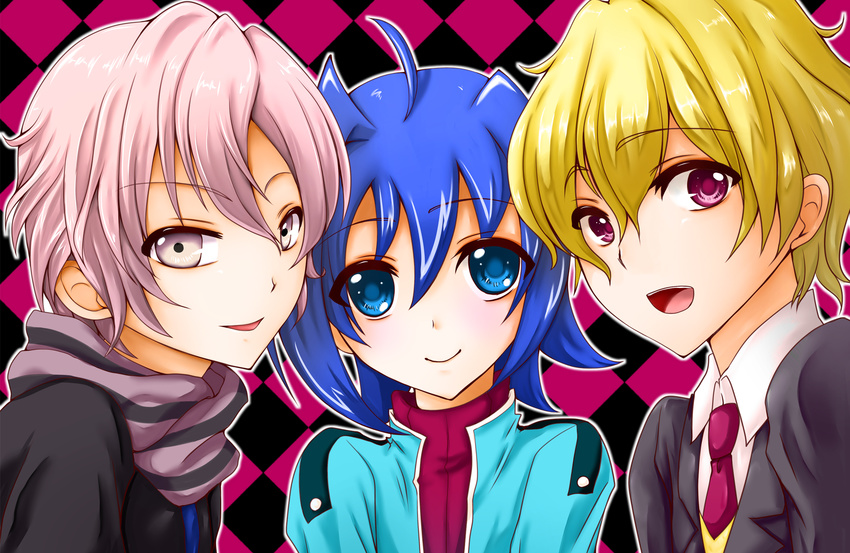 3boys ahoge blonde_hair blue_eyes blue_hair cardfight!!_vanguard commentary_request crossover free! hazuki_nagisa highres lapisflow male_focus mikado_nagi multiple_boys necktie photoshop_(medium) pink_hair purple_eyes scarf season_connection sendou_aichi smile uta_no_prince-sama uta_no_prince-sama_maji_love_2000_percent voice_actor_connection yonaga_tsubasa