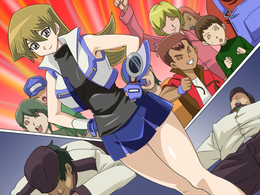 arm_up bare_legs bare_shoulders black_eyes blonde_hair blue_gloves blue_skirt breasts clenched_hands clenched_teeth closed_mouth duel_disk dutch_angle female fingerless_gloves gloves hair_between_eyes hands_on_hips hat highres jacket large_breasts legs long_hair looking_at_viewer lying no_eyes public shiny shiny_skin simple_background skirt sleeveless sleeveless_jacket sleeveless_turtleneck smile standing straw_(yokubou_hiroba) tenjouin_asuka thighs turtleneck vest yu-gi-oh! yuu-gi-ou_gx