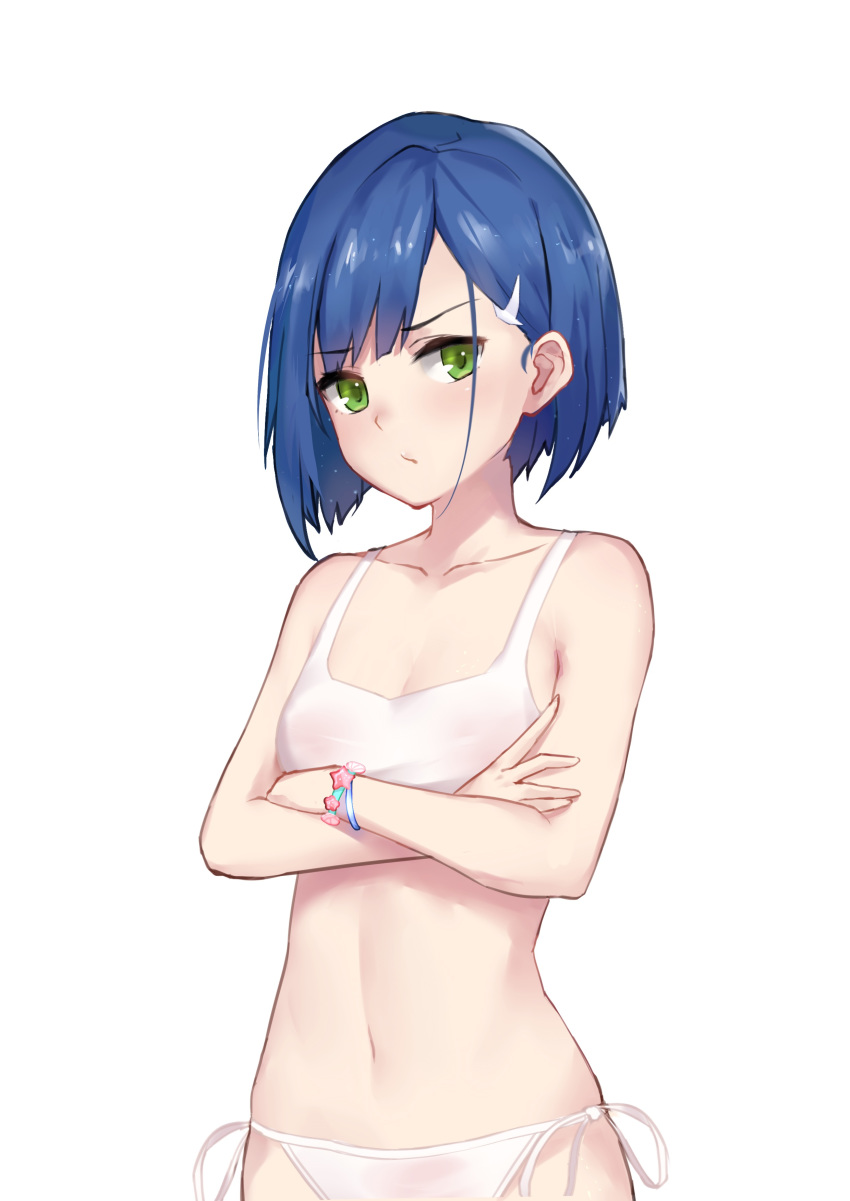 015 absurdres bikini blue_hair breasts darling female food fruit green_eyes hair_ornament highres ichigo_(darling_in_the_franxx) looking_at_viewer navel short_hair small_breasts solo standing strawberry swimsuit yoruciel