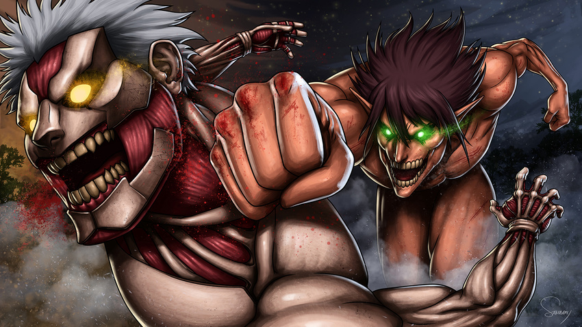 2boys armored_titan blood blood_from_mouth blood_on_hands brown_hair commentary_request glowing glowing_eyes green_eyes grey_hair highres male_focus multiple_boys muscular open_mouth photoshop_(medium) pointy_ears punching rogue_titan sam_delatore shingeki_no_kyojin signature titan_(shingeki_no_kyojin) yellow_eyes