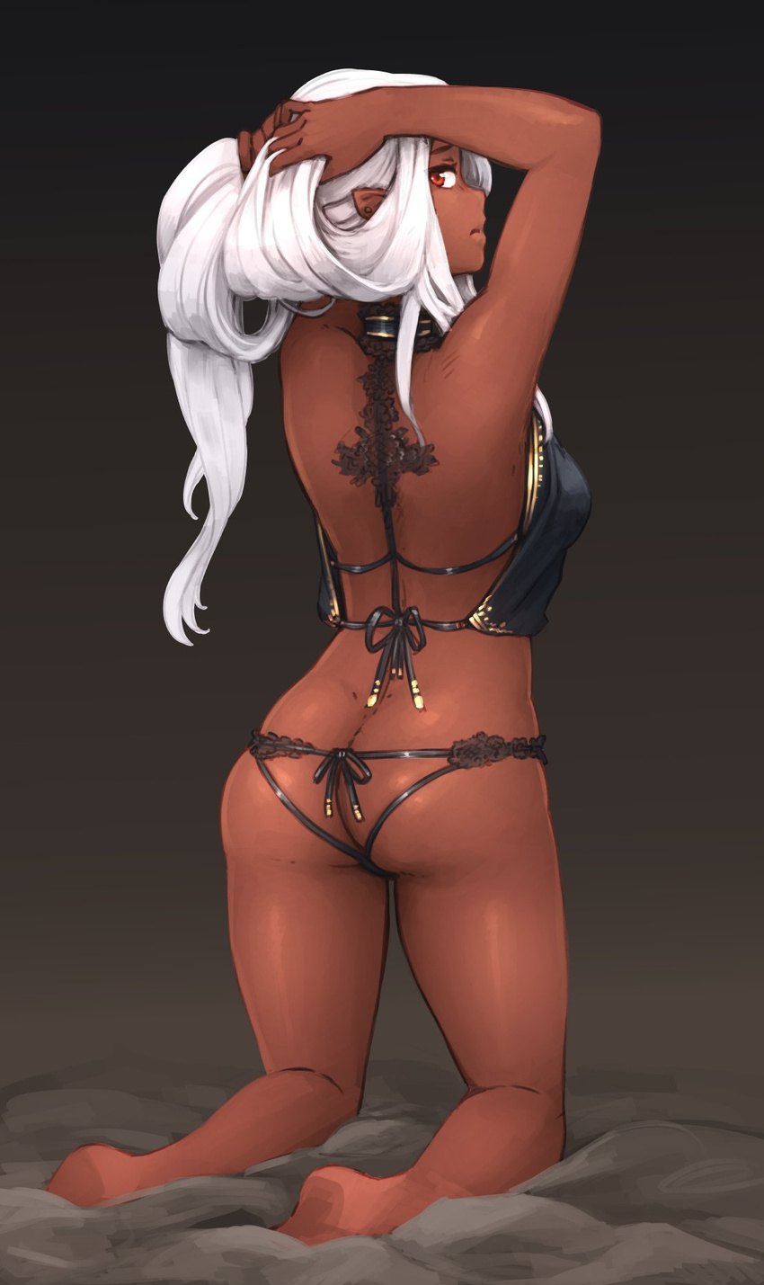 arms_behind_head arms_up ass back backless_panties barbariank bare_legs bare_shoulders barefoot bed_sheet choker dark-skinned_female dark_elf dark_skin dimples_of_venus elf female from_behind full_body gradient_background hands_in_hair highres kneeling long_hair looking_back original panties pointy_ears red_eyes solo underwear white_hair