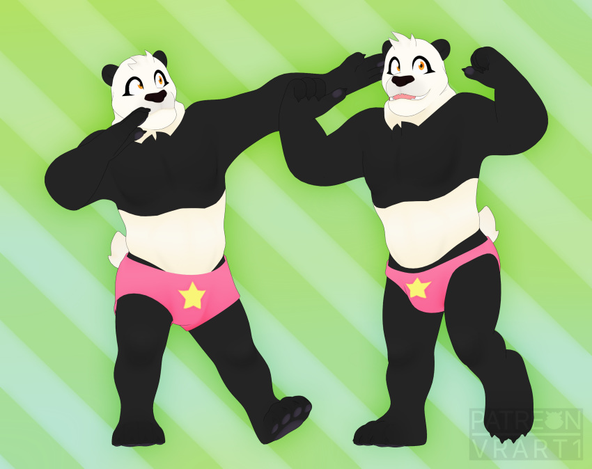 2018 3d_(artwork) anthro barefoot bear biped black_nose bottomwear claws clothing digital_media_(artwork) feet flexing fur giant_panda hat headgear headwear hi_res male mammal muscular muscular_anthro muscular_male nails open_mouth pants pattern_background pawpads paws pecs shorts simple_background solo speedo striped_background swimwear tairu teeth toe_claws tongue vrart1