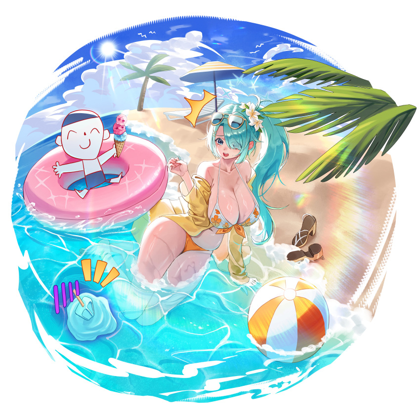 1boy ^^^ absurdres aqua_hair ball bare_shoulders beach beach_umbrella beachball bikini blue_archive blue_eyes blue_sky breasts cleavage collarbone commentary_request doodle_sensei_(blue_archive) eyes_visible_through_hair female floral_print_bikini food hair_over_one_eye halo highres hiyori_(blue_archive) hiyori_(swimsuit)_(blue_archive) jacket jyon_(xrmn8737) large_breasts long_hair off_shoulder on_ground on_innertube open_clothes open_jacket open_mouth orange_bikini outdoors palm_leaf palm_tree pink_innertube popsicle sensei_(blue_archive) side_ponytail sitting sky sun sunlight swimsuit thighs tree umbrella white_bikini yellow_jacket yokozuwari