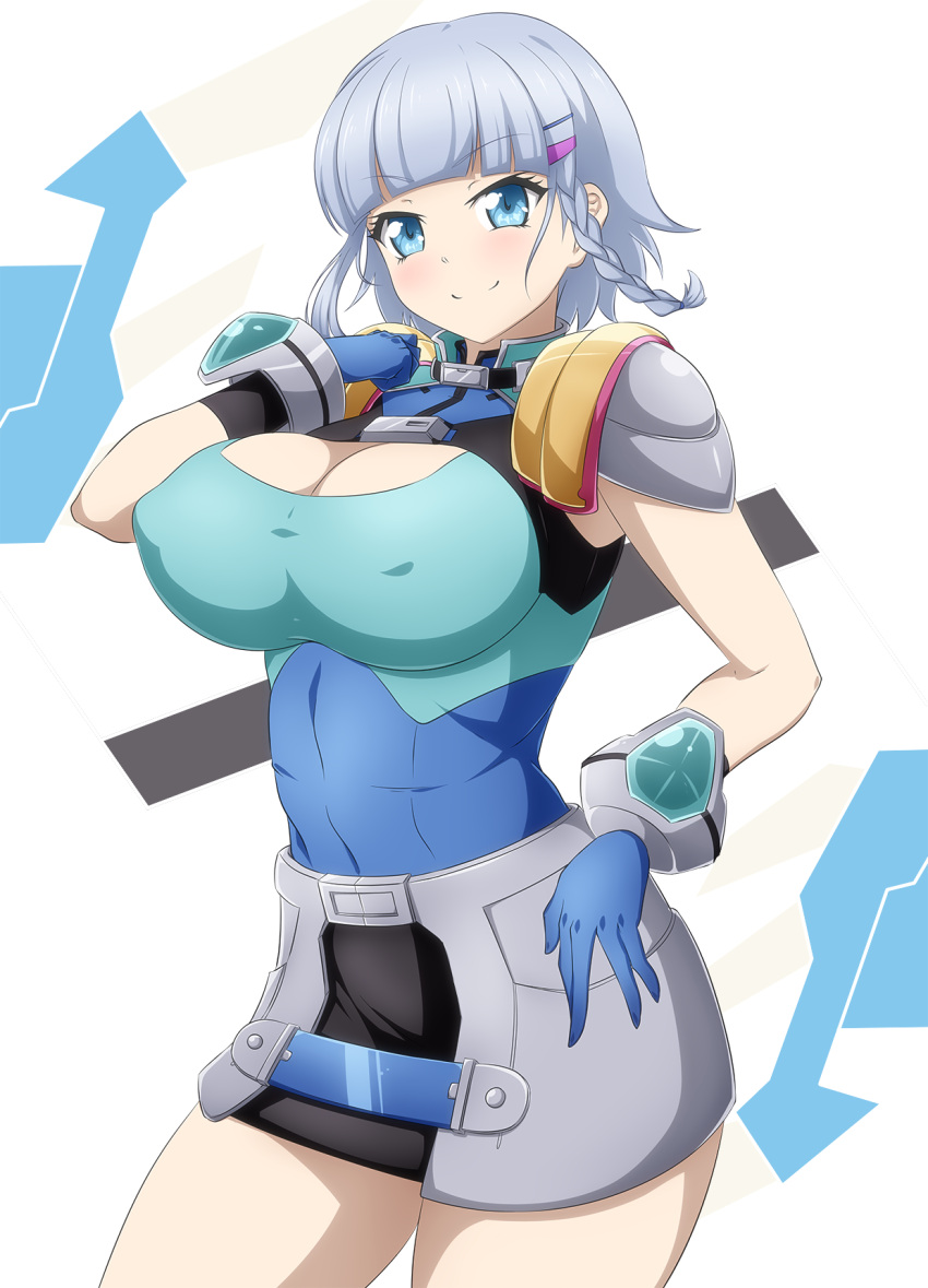 blue_eyes blue_hair blush braid breasts cleavage danpu female gloves grey_hair hair_ornament hairclip highres huge_breasts large_breasts looking_at_viewer nipples seolla_schweizer short_hair side_braid solo super_robot_wars super_robot_wars_alpha super_robot_wars_original_generation the_2nd_super_robot_wars_alpha