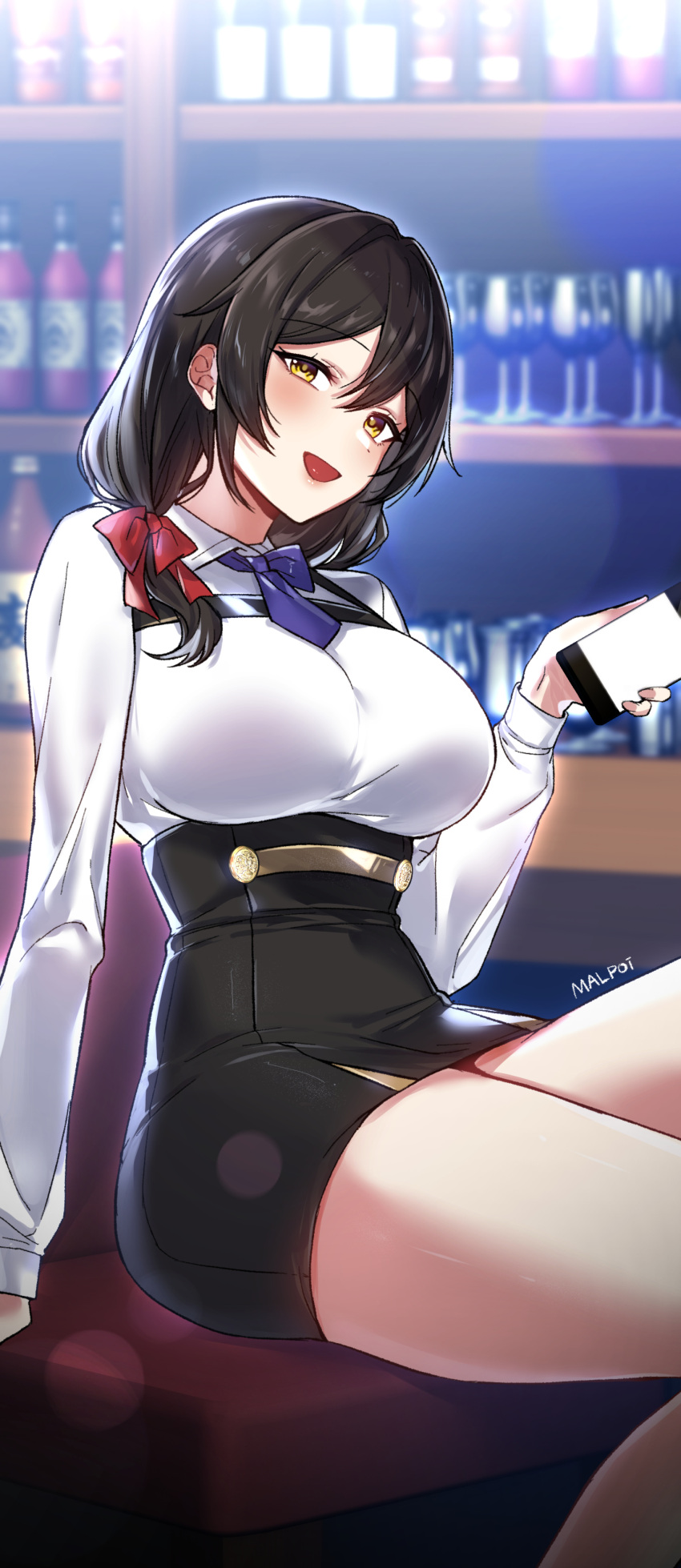 absurdres arm_support bar_(place) black_hair black_skirt blurry bow bowtie breasts chair chest_harness collared_shirt depth_of_field female hair_over_shoulder hairbow harness high-waist_skirt highres holding holding_phone knee_up large_breasts long_hair long_sleeves looking_at_viewer mal_poi novelpia open_mouth original pencil_skirt phone shirt sitting skirt smile solo thighs white_shirt yellow_eyes