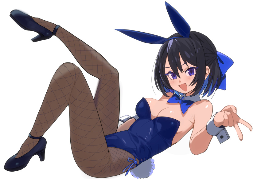 animal_ears aroha_j black_footwear black_hair black_pantyhose blue_bow blue_bowtie blue_eyes blue_leotard bow bowtie breasts detached_collar fishnet_pantyhose fishnets hair_ribbon half_updo high_heels highres leotard medium_breasts original pantyhose pixiv_fantasia pixiv_fantasia_scepter_of_zeraldia playboy_bunny rabbit_ears rabbit_tail ribbon short_hair simple_background strapless strapless_leotard strappy_heels tail white_background wrist_cuffs