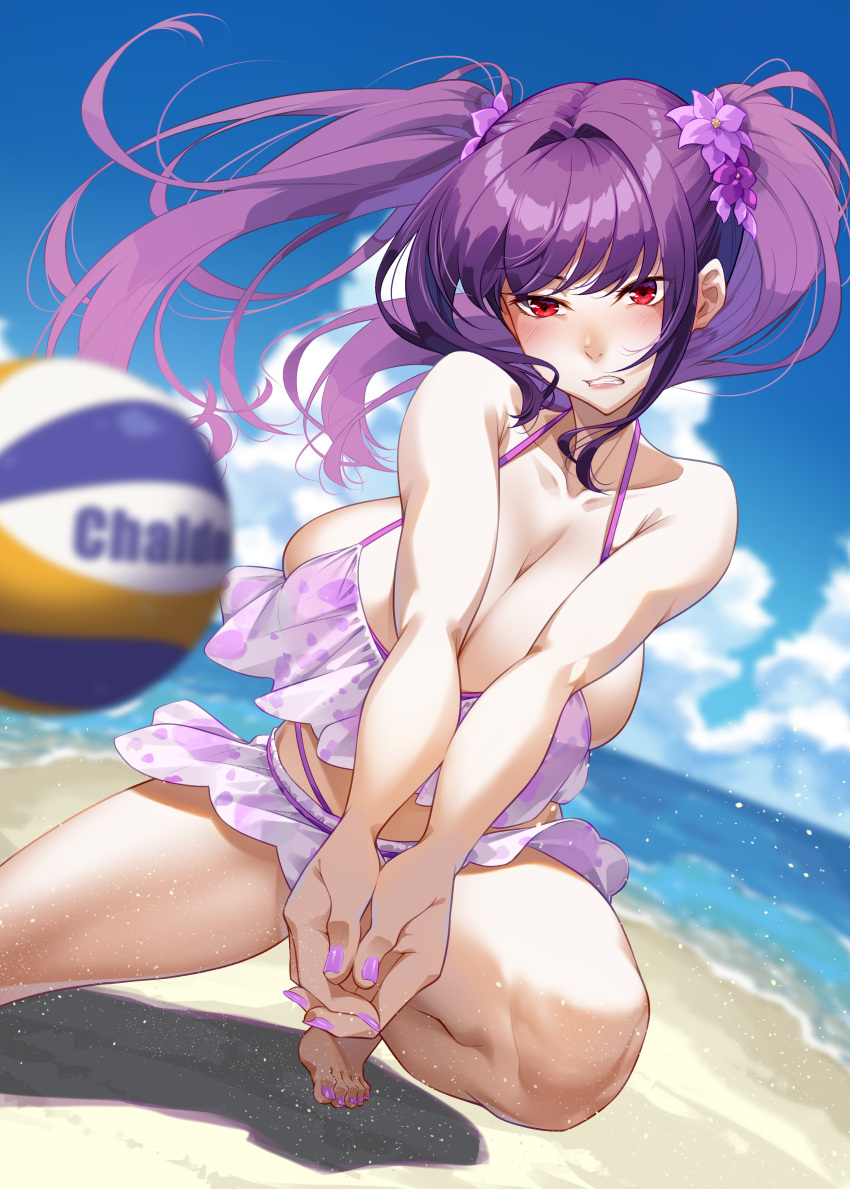 absurdres bare_shoulders barefoot beach bikini blue_sky bracelet breasts cleavage collarbone fate/grand_order fate_(series) female flower hair_flower hair_ornament highres jewelry large_breasts long_hair looking_at_viewer microskirt mukunokino_isshiki purple_bikini purple_hair red_eyes scathach_(fate) scathach_skadi_(fate) scathach_skadi_(swimsuit_ruler)_(fate) scathach_skadi_(swimsuit_ruler)_(first_ascension)_(fate) shore skirt sky solo swimsuit twintails volleyball