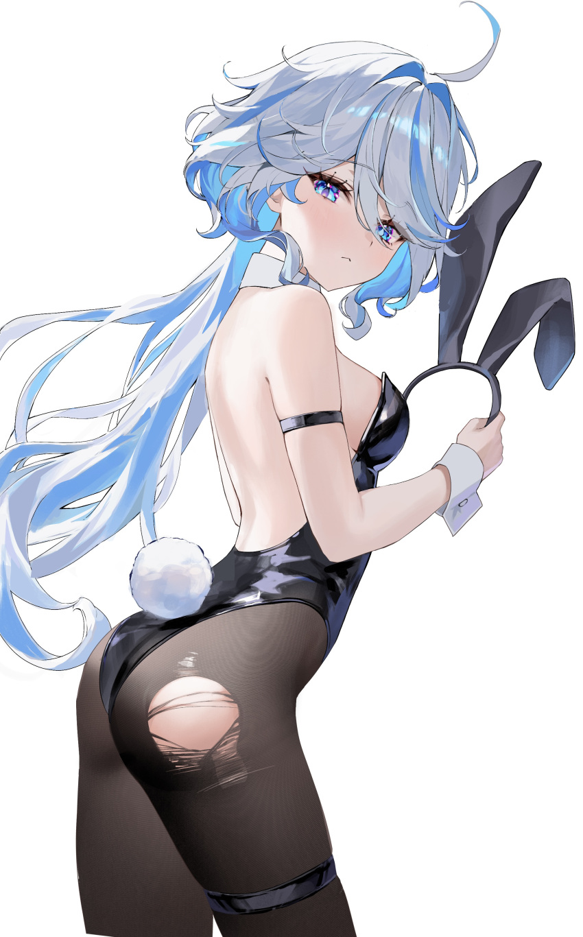 absurdres ahoge alternate_costume animal_ears arm_strap black_leotard black_pantyhose blue_eyes blue_hair blush breasts bunny_day closed_mouth commentary cowboy_shot detached_collar drop-shaped_pupils fake_animal_ears fake_tail female fine_fabric_emphasis from_side furina_(genshin_impact) genshin_impact hair_between_eyes hairband highres holding_hairband leotard light_blue_hair long_hair looking_at_viewer looking_to_the_side mismatched_pupils multicolored_hair pantyhose playboy_bunny rabbit_ears rabbit_tail sideboob sidelocks simple_background small_breasts solo strapless strapless_leotard streaked_hair symbol-shaped_pupils tail thigh_strap thighs torn_clothes torn_pantyhose tsuki_tsuduki two-tone_hair unworn_hairband very_long_hair white_background white_hair white_wrist_cuffs wrist_cuffs