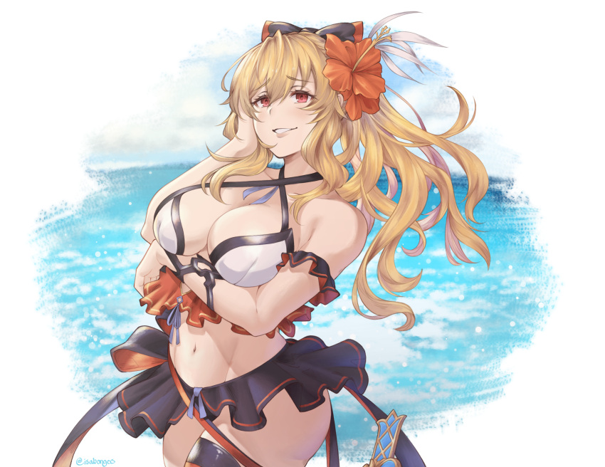 arm_garter arm_under_breasts bare_shoulders beach bikini bikini_skirt blonde_hair bow breasts cleavage cowboy_shot criss-cross_halter female flower frilled_bikini frills granblue_fantasy hair_flower hair_ornament hairbow halterneck hand_on_own_face hibiscus highres isabongos large_breasts long_hair looking_at_viewer medium_breasts midriff navel official_alternate_costume parted_lips red_eyes skirt smile solo swimsuit thighhighs transparent_background two-tone_bow vira_(granblue_fantasy) vira_(summer)_(granblue_fantasy)