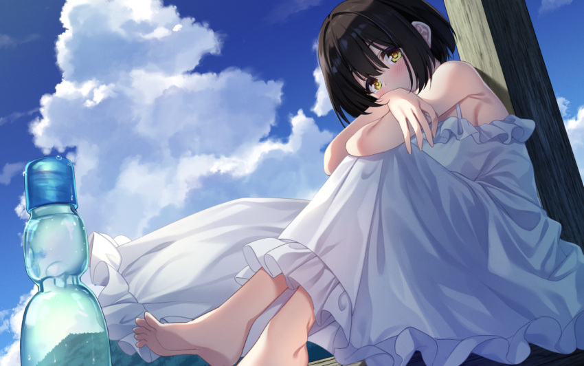 barefoot black_hair blue_sky blush cloud crossed_legs cumulonimbus_cloud dress east01_06 feet female foot_out_of_frame hair_intakes idolmaster idolmaster_cinderella_girls knees_up looking_at_viewer on_floor ramune short_hair sitting sky sleeveless sleeveless_dress soles solo takafuji_kako toes white_dress yellow_eyes