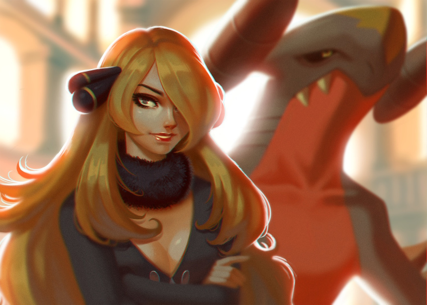 bad_deviantart_id bad_id blonde_hair breasts cleavage crossed_arms cynthia_(pokemon) female garchomp hair_over_one_eye large_breasts lips long_hair looking_at_viewer photoshop_(medium) pokemon pokemon_(creature) scarlet_desires