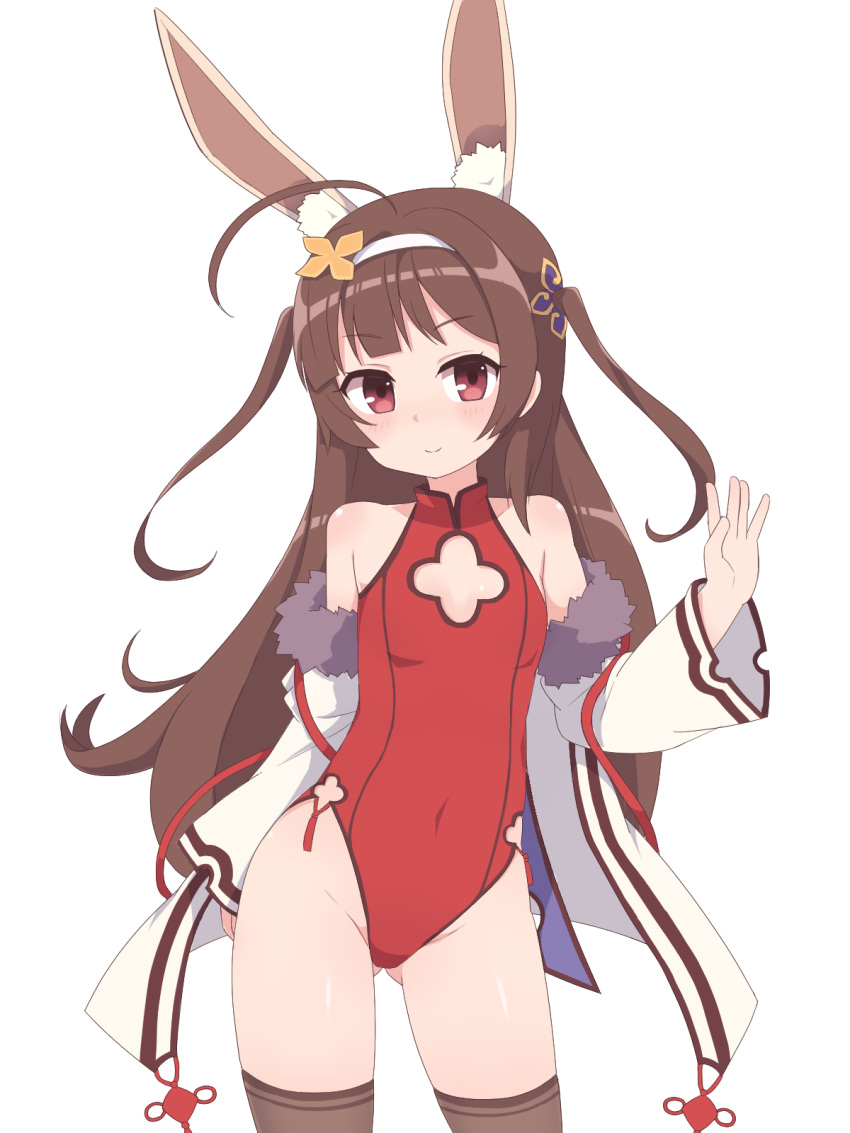 ahoge alternate_hairstyle animal_ears arm_behind_back ass_visible_through_thighs azur_lane bare_shoulders black_hair black_thighhighs blue_ribbon blunt_bangs blush breasts cleavage_cutout closed_mouth clothing_cutout commentary_request contrapposto covered_navel cowboy_shot fake_animal_ears female fur_trim groin hair_down hair_ornament halterneck hand_up hatomugi_(oudon_konekone) headband highleg highleg_leotard highres hip_focus jacket legs_apart leotard light_smile long_hair long_sleeves looking_at_viewer off_shoulder official_alternate_costume open_clothes open_jacket ping_hai_(azur_lane) ping_hai_(osmanthus_moon_rabbit)_(azur_lane) protected_link rabbit_ears red_eyes red_leotard ribbon side-tie_leotard side_slit simple_background small_breasts smile solo standing tassel thighhighs turtleneck two_side_up very_long_hair waving white_jacket wide_sleeves