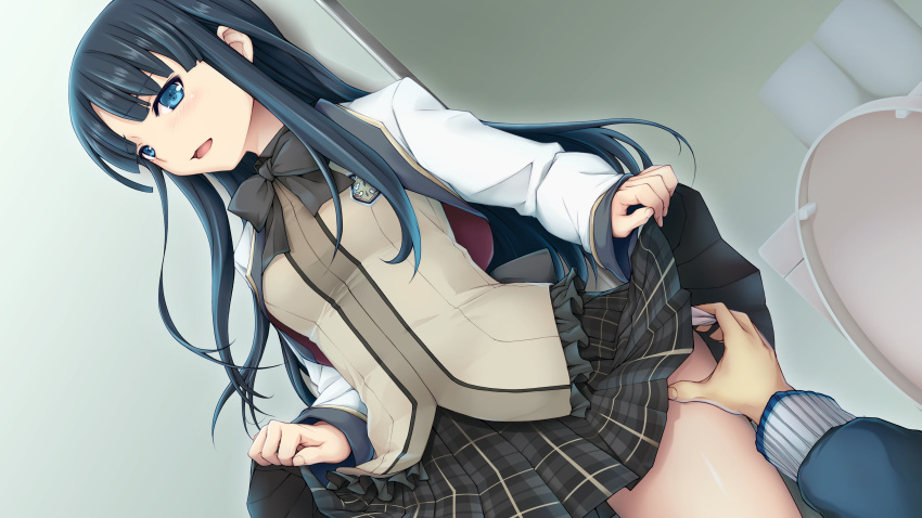 absurdres black_bow black_bowtie black_hair blue_eyes blunt_bangs bow bowtie dutch_angle female game_cg harem_tengoku_da_to_omottara_yandere_jigoku_datta highres hiiro_yuki long_hair open_mouth out_of_frame panties panty_pull photoshop_(medium) plaid plaid_skirt pleated_skirt pov pov_hands school_uniform skirt skirt_hold solo_focus toilet toutoumi_kanna underwear