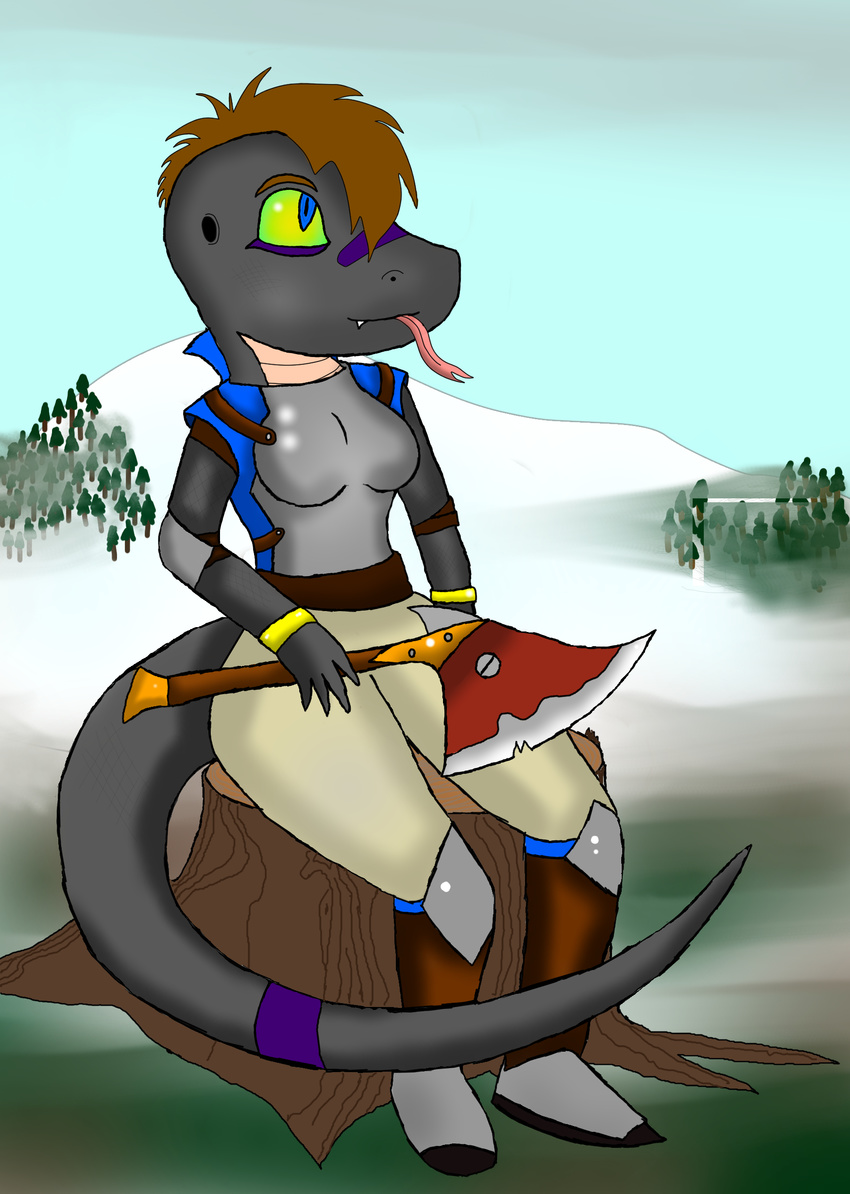 absurd_res anthro armor axe boots brown_hair clothing cloud day deena dragon female footwear green_eyes hair hi_res iguanasarecool melee_weapon mythological_creature mythological_scalie mythology outside scalie sky snow solo stripes tail tongue weapon