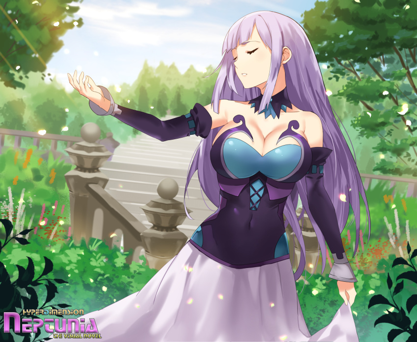 absurdres bare_shoulders breasts bush cleavage closed_eyes day detached_sleeves female flower garden highres large_breasts light_persona light_purple_hair long_hair magiquone neptune_(series) outdoors plant potted_plant scenery sendo_(sendrawz) sky smile source_request spoilers sunlight tree