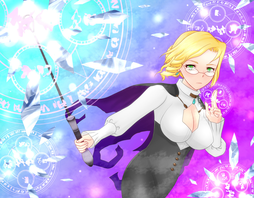 bad_id bad_pixiv_id blonde_hair breasts cleavage commentary_request drill_hair earrings female glynda_goodwitch green_eyes high-waist_skirt jewelry large_breasts magic_circle pencil_skirt riding_crop rwby short_hair skirt solo underbust you_(fuyura)