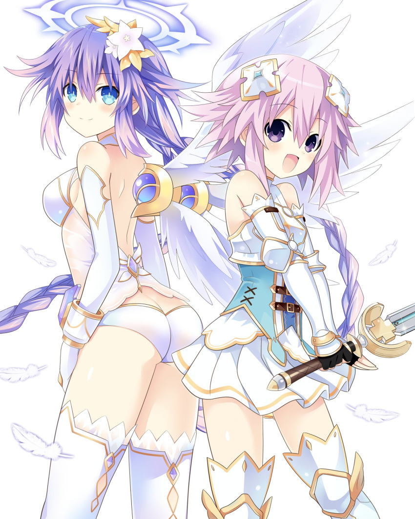 2girls angel armor ass blue_eyes braid commentary_request feathered_wings feathers four_goddesses_online:_cyber_dimension_neptune gold_trim hair_ornament halo highres holding holding_sword holding_weapon looking_at_viewer multiple_girls neptune_(neptunia) neptune_(series) pink_hair pleated_skirt purple_eyes purple_hair purple_heart_(neptunia) simple_background skirt smile sword thighhighs twin_braids weapon white_background wings zero_(ray_0805)