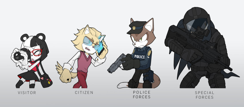 anthro assault_rifle bear camera canid canine canis cellphone citizen civilian domestic_cat domestic_dog echidna einnharder electronics english_text fan_character felid feline felis female giant_panda gun handgun hi_res lineup male mammal monotreme phone pistol police ranged_weapon rifle sega sonic_the_hedgehog_(series) special_forces tavor_tar-21 text tourist weapon