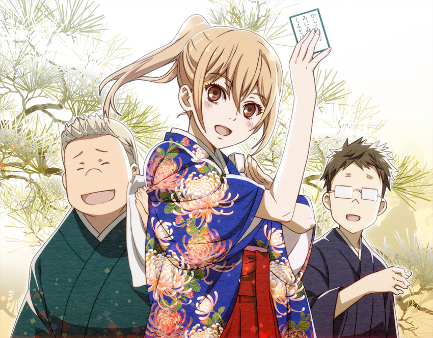 2boys :d ayase_chihaya blonde_hair brown_eyes brown_hair card chihayafuru commentary_request female glasses hakama hakama_skirt holding holding_card japanese_clothes karuta_(card_game) komano_tsutomu long_hair looking_at_viewer multiple_boys nishida_yuusei nyoro_(nyoronyoro000) official_style open_mouth photoshop_(medium) ponytail red_hakama skirt smile uta-garuta white_hair