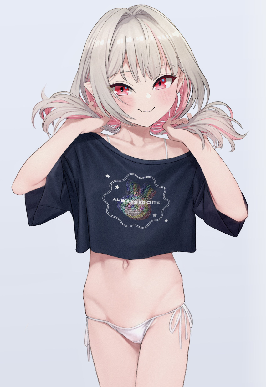 absurdres black_shirt blonde_hair blush closed_mouth clothes_writing collarbone colored_inner_hair commentary_request cowboy_shot cropped_shirt female grey_background hair_intakes hands_up highres hip_bones holding holding_own_hair looking_at_viewer low_twintails makaino_ririmu medium_hair multicolored_hair navel nijisanji no_pants oerba_yun_fang panties pink_eyes pink_hair pointy_ears print_shirt sabamen shirt short_sleeves short_twintails side-tie_panties simple_background skin_fang smile solo standing star_(symbol) star_print string_panties twintails underwear virtual_youtuber white_panties