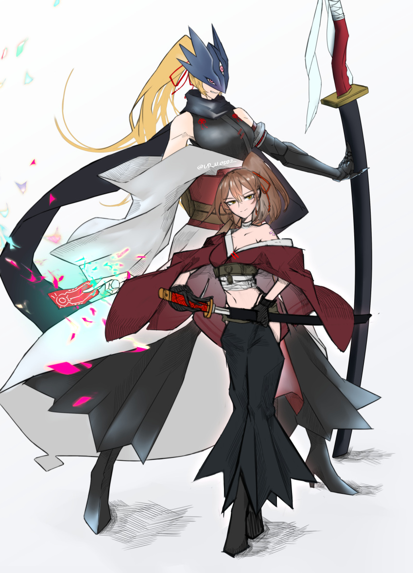 2girls absurdres aged_up ai_(digimon_tamers) alternate_costume beelstarmon black_pants black_shirt blonde_hair breasts brown_hair digimon digimon_(creature) digimon_tamers full_body high_ponytail highres holding holding_sword holding_weapon jiyuuya katana large_breasts long_hair multiple_girls pants red_shirt shirt single_bare_shoulder sword third_eye weapon