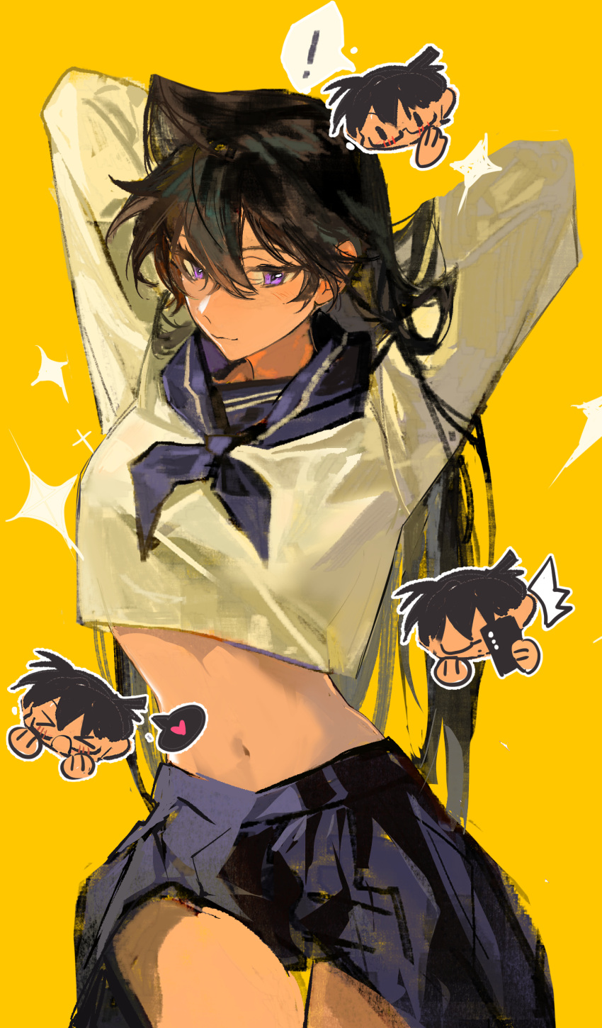 ! absurdres aojizesi arms_behind_head arms_up black_hair chibi closed_mouth cowboy_shot cropped_shirt female glasses heart highres kudou_shin'ichi long_hair looking_at_viewer meitantei_conan midriff mouri_ran navel neckerchief pink_eyes purple_neckerchief purple_sailor_collar purple_skirt sailor_collar simple_background skirt solo solo_focus sparkle spoken_exclamation_mark spoken_heart very_long_hair yellow_background