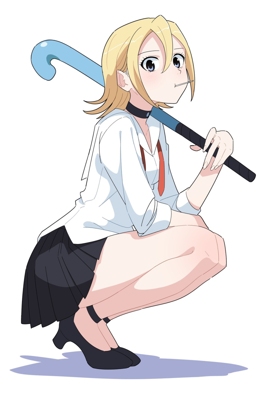 black_choker black_footwear blonde_hair blue_eyes blush choker female high_heels highres hockey_stick holding_hockey_stick looking_at_viewer neckerchief onizuka_hime pleated_skirt school_uniform shadow short_hair sidelocks simple_background sket_dance skirt sleeves_rolled_up solo squatting start_furuike undone_neckerchief white_background