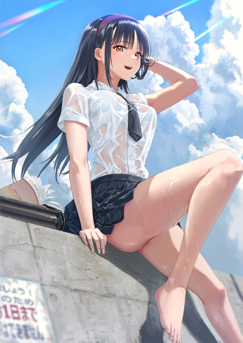 absurdres bare_legs barefoot black_hair black_necktie black_skirt blush bra breasts brown_eyes cloud cloudy_sky collared_shirt feet female foot_out_of_frame hairband highres kawanakajima large_breasts leg_up legs long_hair looking_at_viewer necktie open_mouth original outdoors see-through see-through_shirt shirt sitting skirt sky smile solo toenails toes underwear wet wet_clothes white_bra