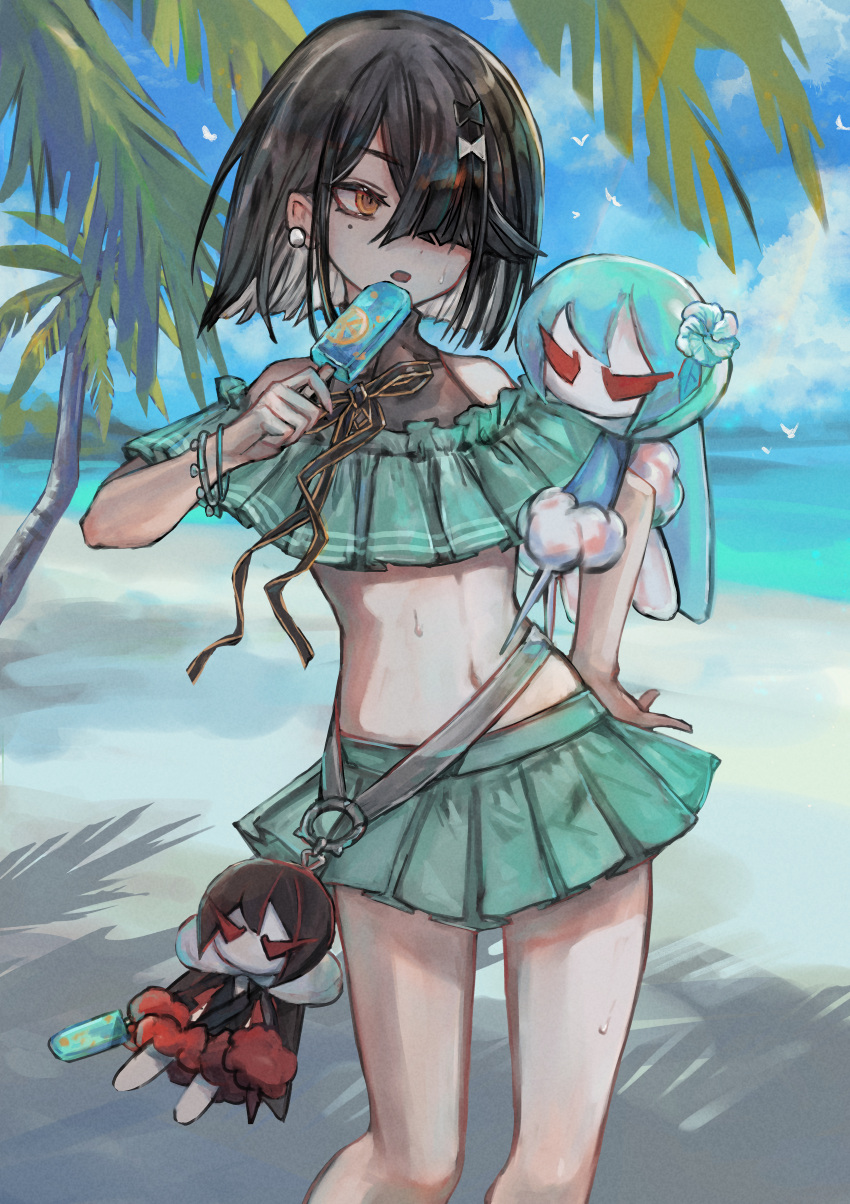 absurdres aqua_bikini bare_shoulders beach bikini black_hair breasts brown_eyes fate/grand_order fate_(series) female food hair_over_one_eye highres looking_to_the_side mole mole_under_eye navel open_mouth palm_tree popsicle revision sabamiso_taro shore short_hair small_breasts solo stuffed_toy swimsuit thighs tree xu_fu_(fate) xu_fu_(swimsuit)_(fate) yu_mei-ren_(fate)