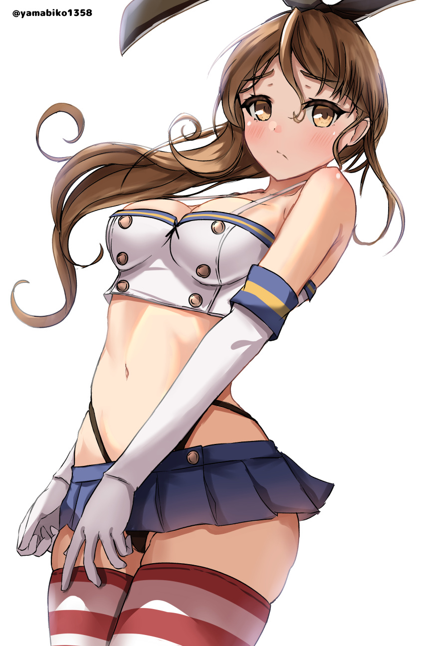 absurdres black_hairband black_panties black_ribbon blue_skirt breasts brown_hair buttons cleavage cosplay crop_top double-breasted elbow_gloves embarrassed female from_below frown gloves hair_between_eyes hair_ribbon hairband highleg highleg_panties highres hip_focus kantai_collection littorio_(kancolle) long_hair looking_at_viewer looking_down medium_breasts microskirt midriff mizuki_(uzuki_no_sato) navel panties pleated_skirt ponytail ribbon shimakaze_(kancolle) shimakaze_(kancolle)_(cosplay) shirt skin_tight skindentation skirt solo striped_clothes striped_thighhighs thighhighs thighs underwear upskirt very_long_hair white_gloves white_shirt yellow_eyes