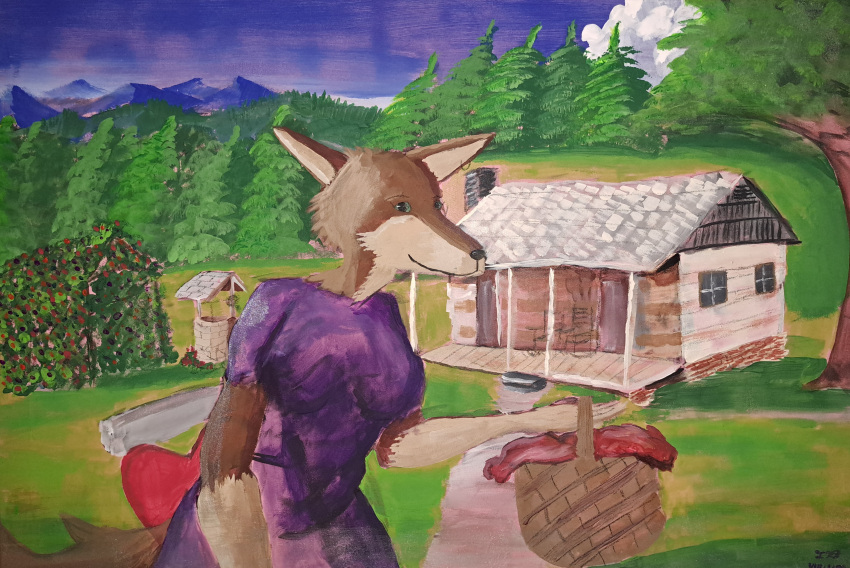 absurd_res acrylic_painting_(artwork) anthro basket brown_body brown_fur cabin canid canine canis clothing cloud container countershade_arms countershade_face countershade_hands countershade_neck countershading dress female flower fog forest fur gotadraw head_tuft hi_res implied_hand_holding looking_at_viewer mammal mountain nature nature_background nicole_(fleshslinky) picnic_basket plant purple_clothing purple_dress rocking_chair smile solo traditional_media_(artwork) tree tuft well wolf