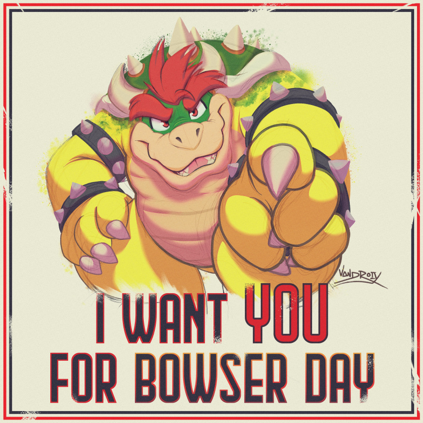 absurd_res anthro bowser bowser_day bracelet claws english_text hair hi_res horn i_want_you jewelry koopa looking_at_viewer male mario_bros nintendo open_mouth reaction_image red_eyes red_hair scalie signature solo spiked_bracelet spikes spikes_(anatomy) text vanscraps