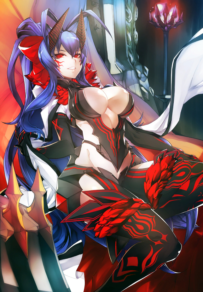 another_dark_mai antenna_hair backless_outfit black_pants blazblue blazblue_alternative:_dark_war blue_hair bow breasts cape cleavage colored_skin dark_persona evil_grin evil_smile facial_tattoo female grey_skin grin halterneck highres horns katou_yuuki large_breasts lowleg lowleg_pants mai_natsume mechanical_tail official_art pants ponytail red_bow red_eyes revealing_clothes sitting smile solo tail tattoo white_cape