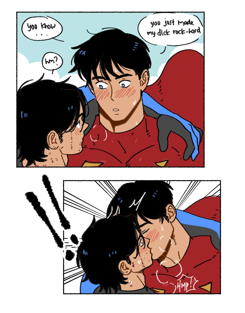 ! !! 2boys absurdres bara batman_(series) black_bodysuit blue_bodysuit blush bodysuit cape dc_comics dick_grayson english_text highres jonathan_kent kissing large_pectorals looking_at_another male_focus multiple_boys muscular muscular_male nightwing pectorals red_bodysuit red_cape speech_bubble superboy superhero_costume superman_(series) suyohara two-tone_bodysuit yaoi