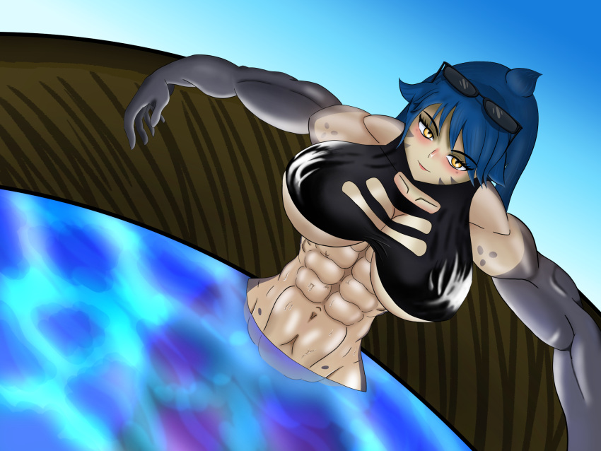 abs bare_shoulders bikini black_bikini blue_hair blush breasts cleavage cloud cloudy_sky day eyewear_on_head female glasses highres large_breasts long_hair looking_at_viewer lz_elzy mako_(monster_girl_island) midriff monster_girl monster_girl_island muscular muscular_female navel pool shark shark_girl sky smile solo stomach sunglasses swimsuit tan tank_top water wet yellow_eyes