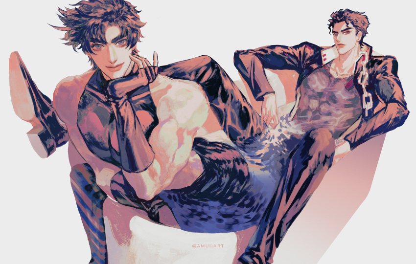 2boys amuii bare_shoulders bathtub battle_tendency blue_eyes chains crop_top fingerless_gloves gakuran gloves hat highres jojo_no_kimyou_na_bouken joseph_joestar joseph_joestar_(young) kujo_jotaro looking_at_viewer male_focus midriff multiple_boys muted_color no_headwear partially_submerged scarf school_uniform smile stardust_crusaders striped_clothes striped_scarf twitter_username unworn_scarf