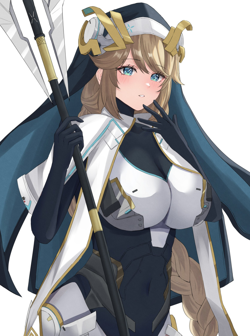 armored_bodysuit black_gloves blonde_hair blue_eyes blush bodysuit braid breasts dress female gloves goddess_of_victory:_nikke habit highres holding holding_staff large_breasts long_hair looking_at_viewer nun peli_cantaro rapunzel_(nikke) solo staff standing very_long_hair