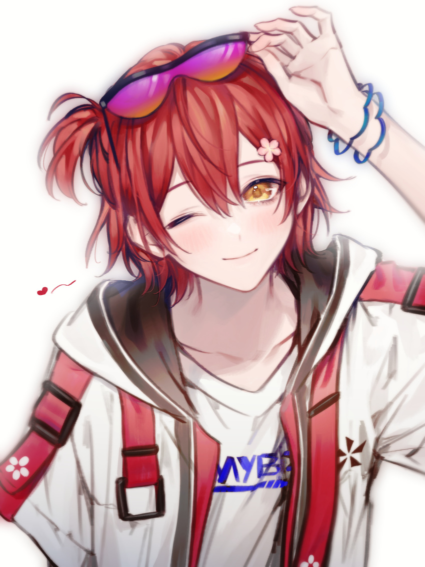 1boy azmpty bad_id bad_twitter_id blush closed_mouth eyewear_on_head flower hair_between_eyes hair_flower hair_ornament hanasaki_miyabi hanasaki_miyabi_(3rd_costume) highres holostars jacket male_focus official_alternate_costume one_eye_closed red_hair shirt side_ponytail smile solo virtual_youtuber white_jacket white_shirt yellow_eyes