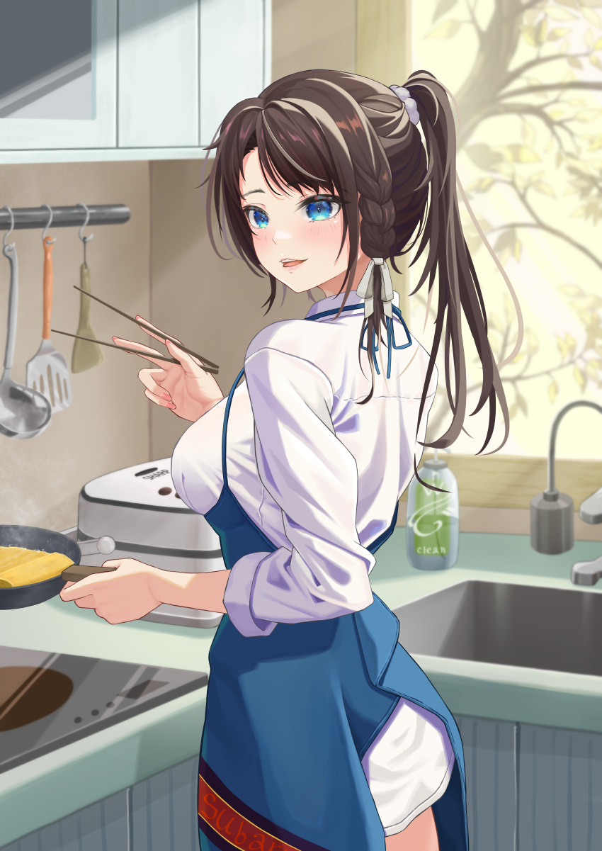 absurdres aged_up alternate_costume alternate_hair_length alternate_hairstyle apron bangom_r blue_apron blue_eyes blue_ribbon blush braid breasts brown_hair chopsticks commentary cooking female from_side frying_pan hair_ornament hair_ribbon hair_scrunchie highres holding holding_chopsticks holding_frying_pan hololive indoors kitchen large_breasts long_hair long_sleeves looking_to_the_side nail_polish oozora_subaru parted_lips pink_nails ponytail ribbon scrunchie shirt solo standing swept_bangs utensil_rack virtual_youtuber white_ribbon white_shirt